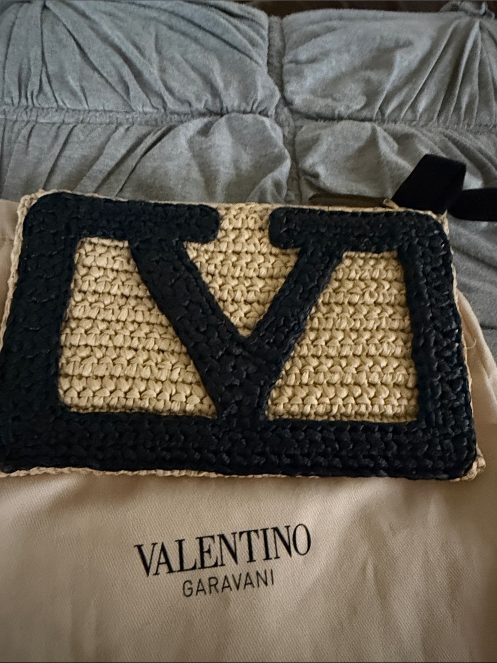 Valentino Garavani Black and Natural Raffia V-Logo Clutch